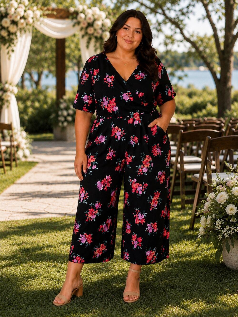 Trixxi Floral Jumpsuit Women's Size XXL Black Pink Bloomcore Wedding Guest Glam